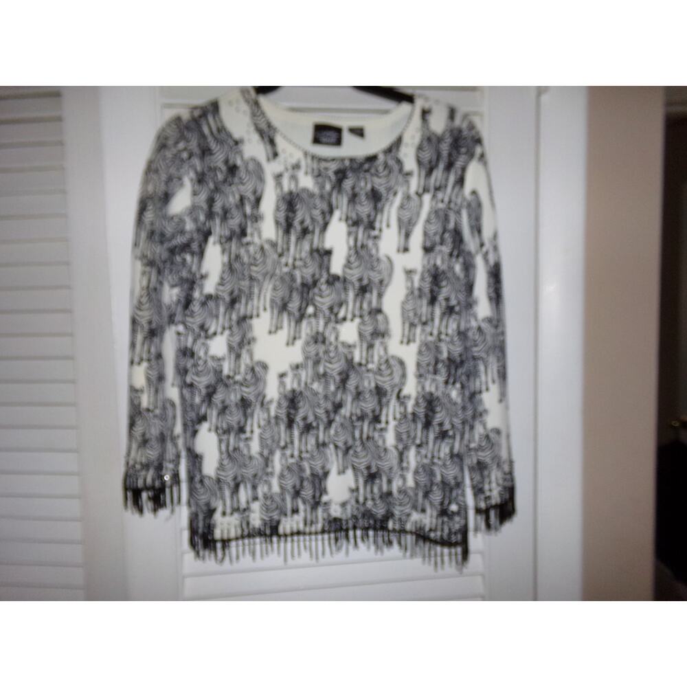 Christina Rotelli zebra print beaded fringe‎ sweater M Pristine condition